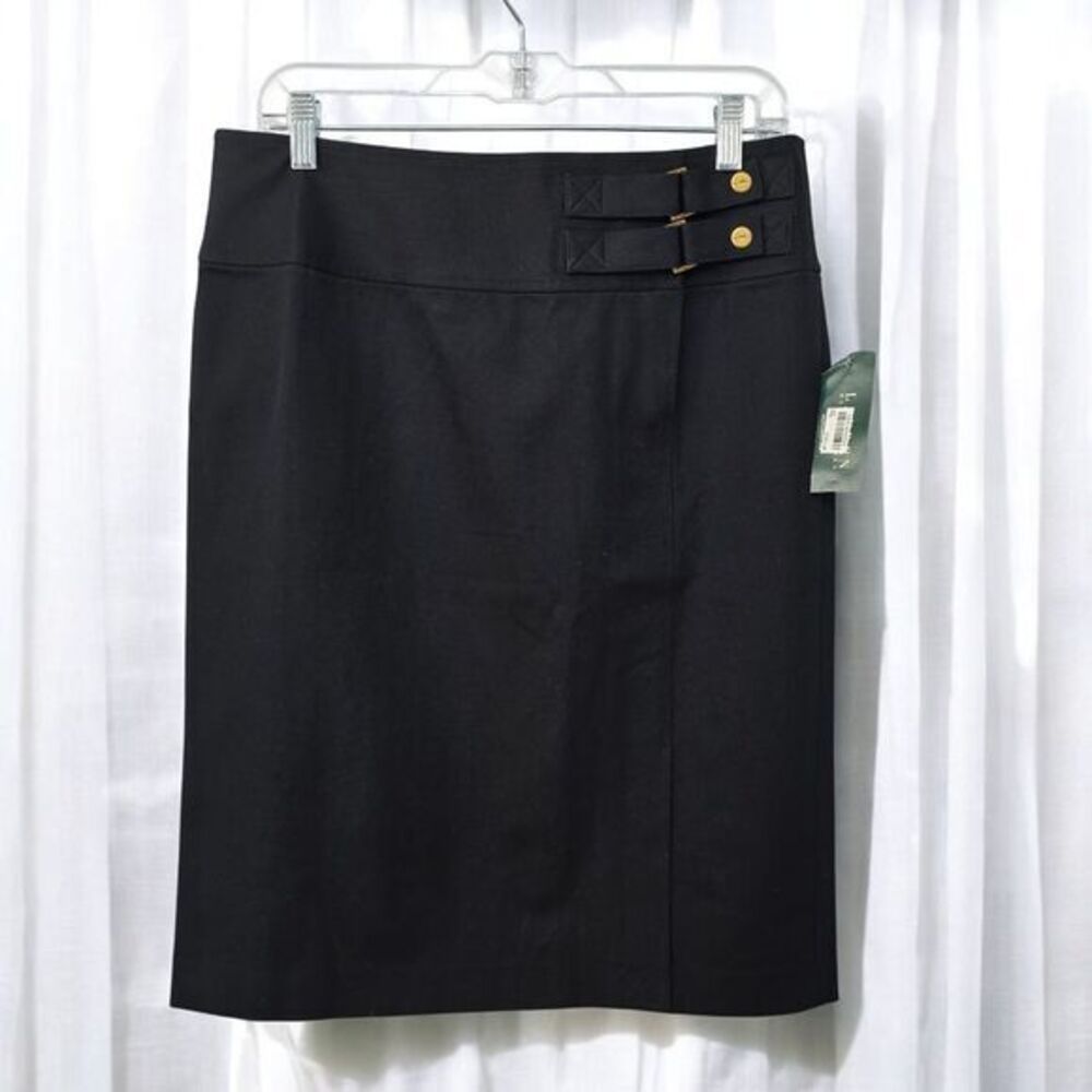 Lauren‎ Ralph Lauren Black Cotton Side Buckle Pencil Skirt Size 10 NWT